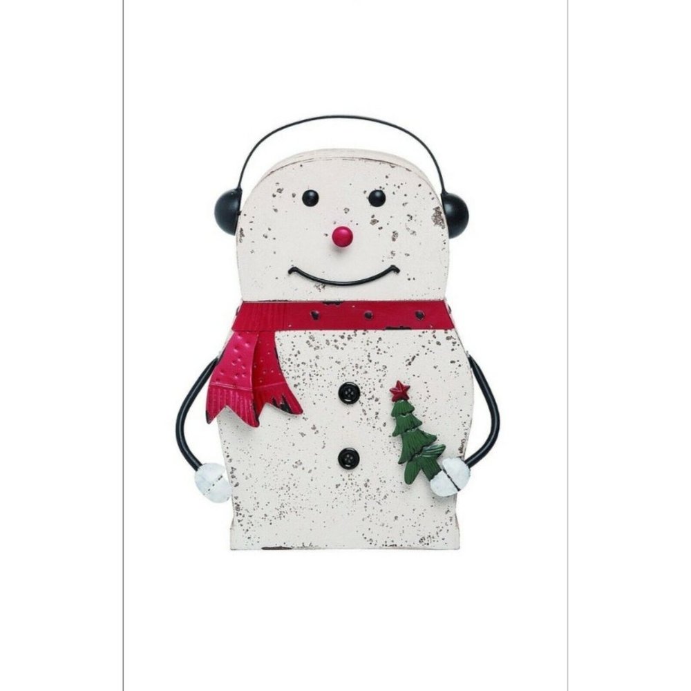 Metal Snowman Container Storage Tin 2 Pc. Set White 15"x11" NEW